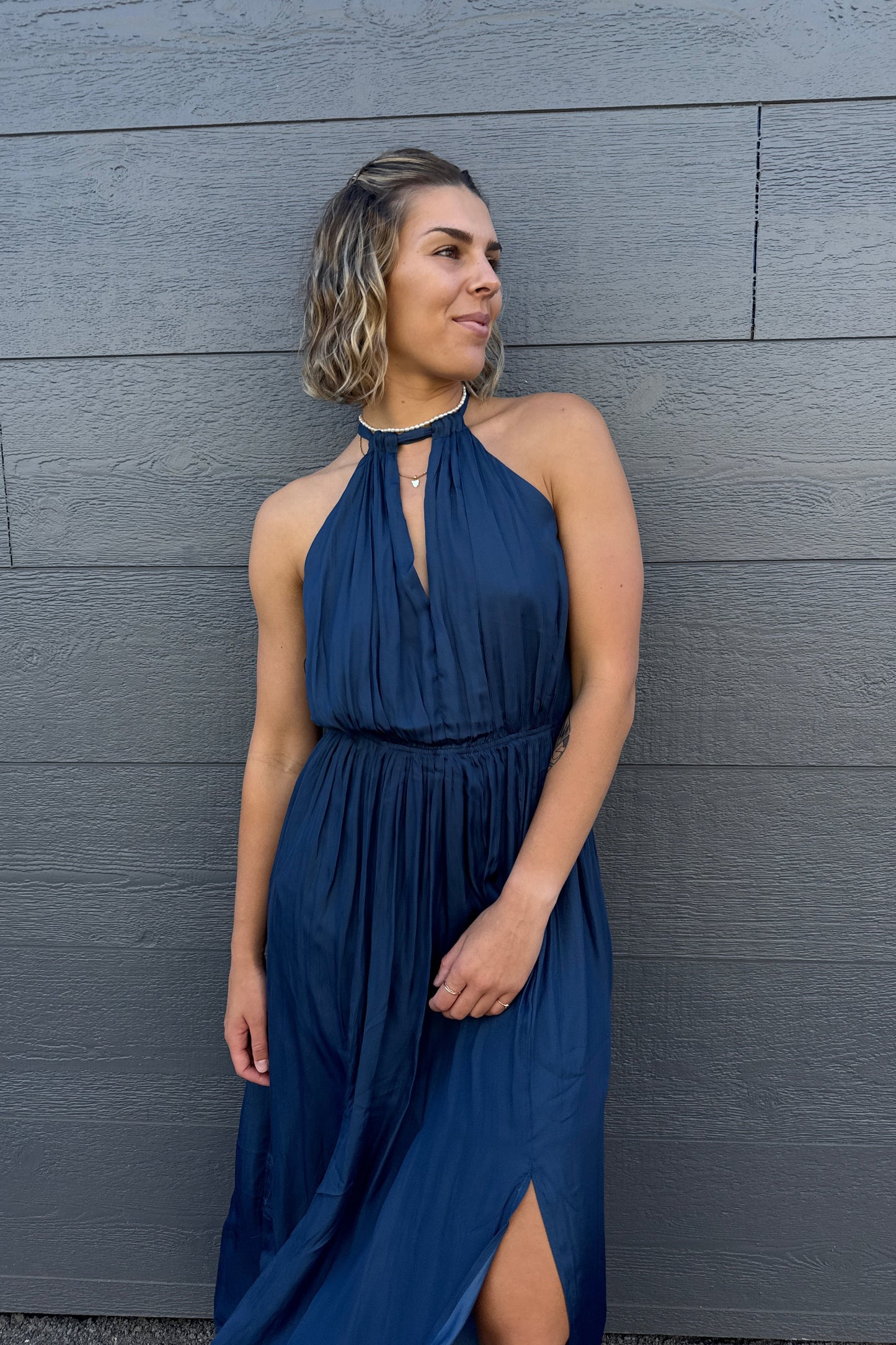 STATUS HALTER DRESS - Brown & Navy