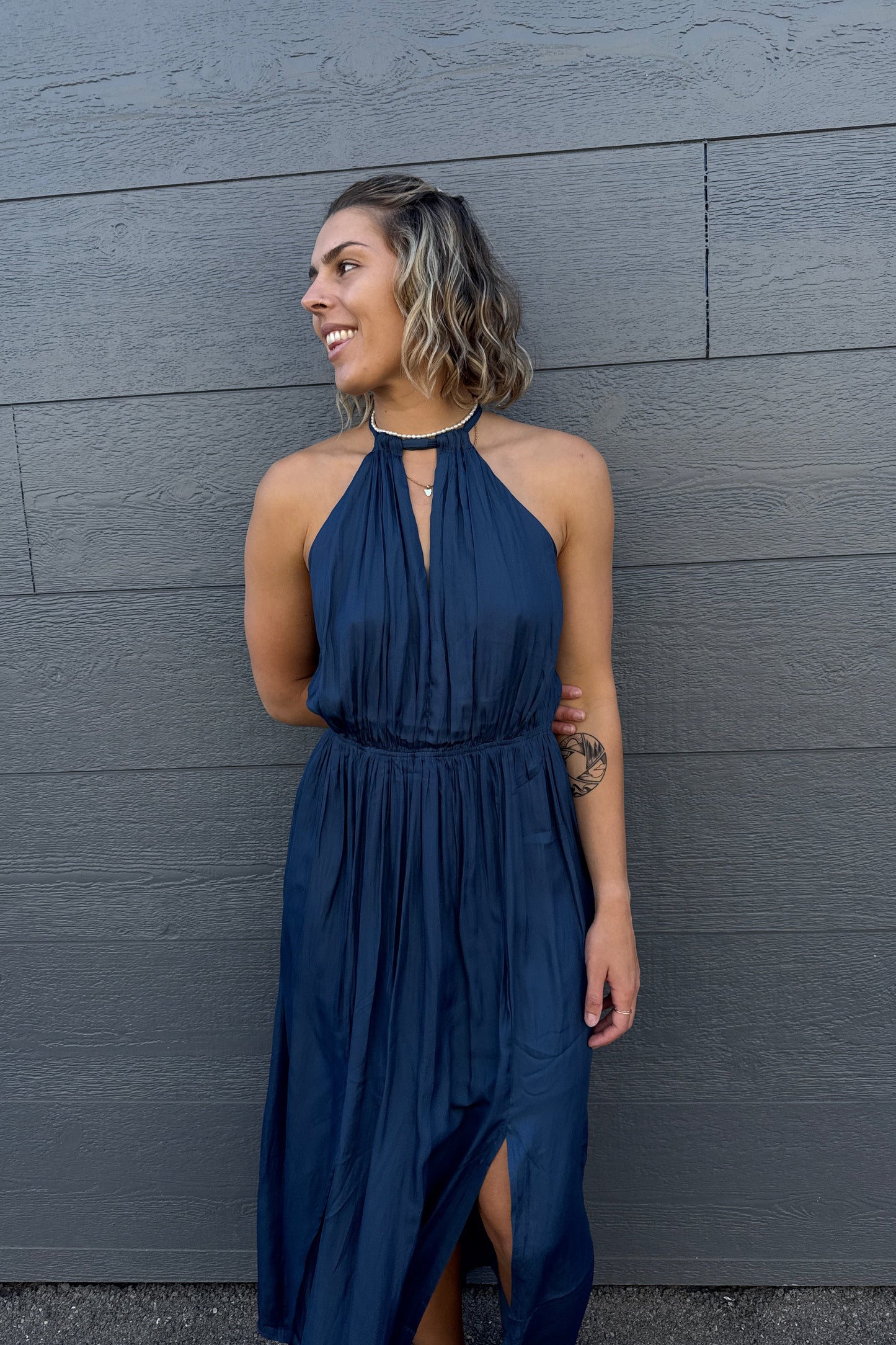 STATUS HALTER DRESS - Brown & Navy