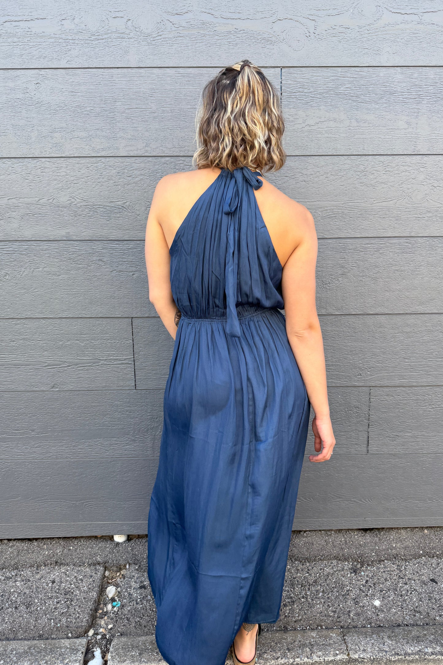 STATUS HALTER DRESS - Brown & Navy