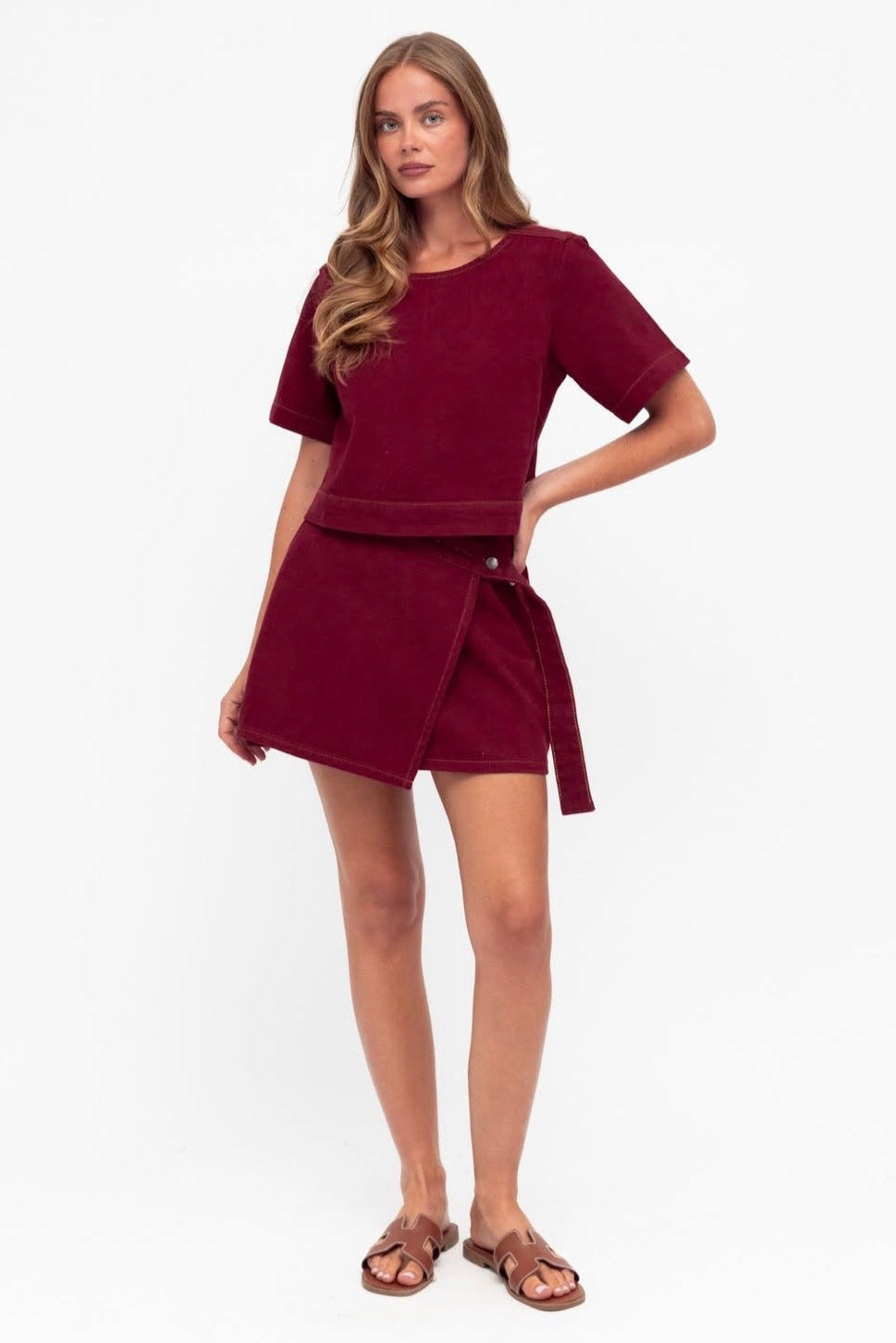 burgundy paper heart denim crop  top
