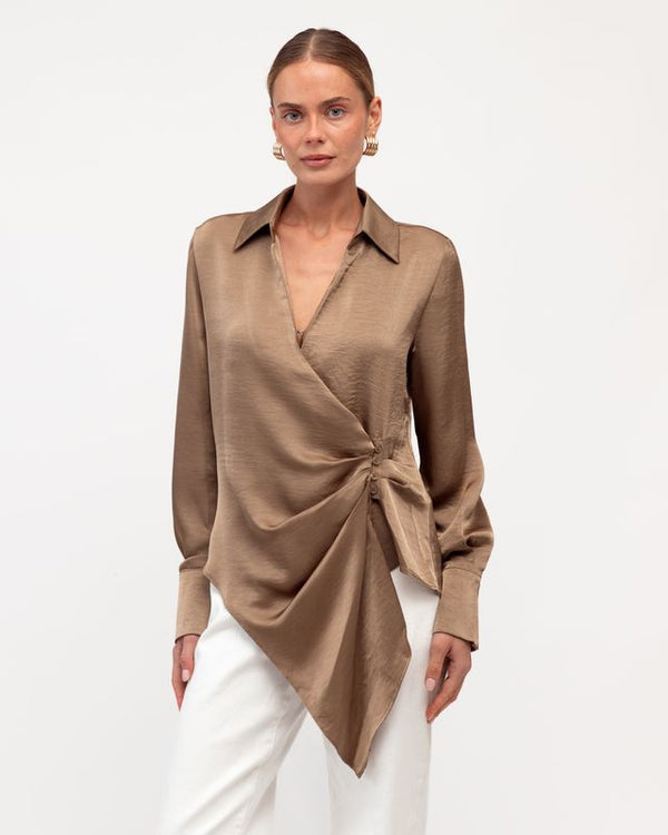 REGINA WRAP TOP- Mushroom & Black