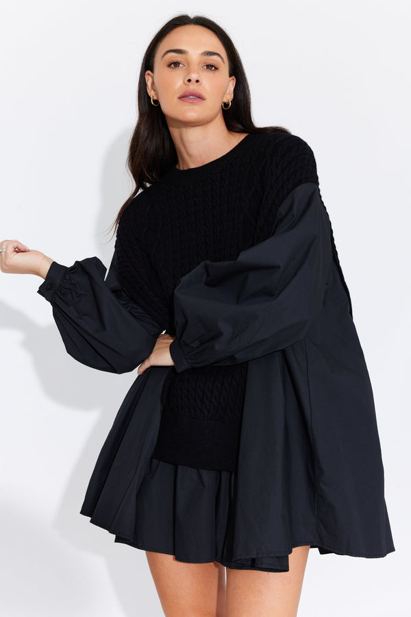 RUBI SHIRT TRIMMED KNIT- Black & Chocolate