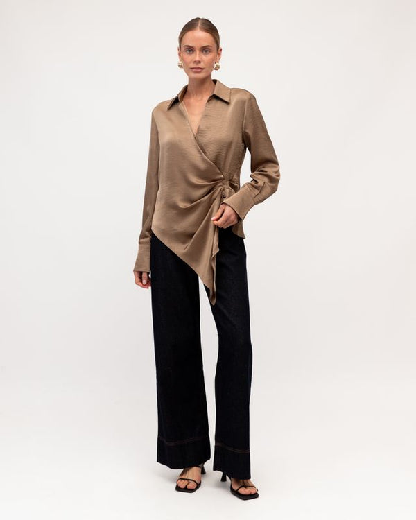 REGINA WRAP TOP- Mushroom & Black