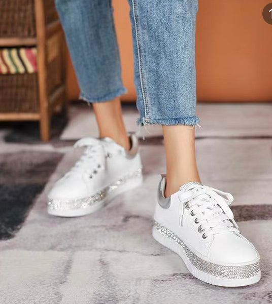white leather bling sneakers