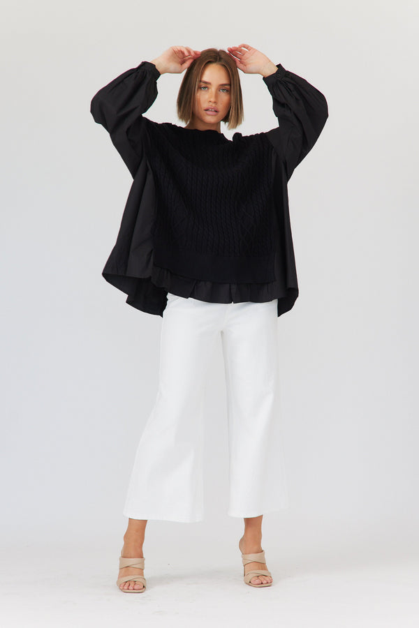 RUBI SHIRT TRIMMED KNIT- Black & Chocolate