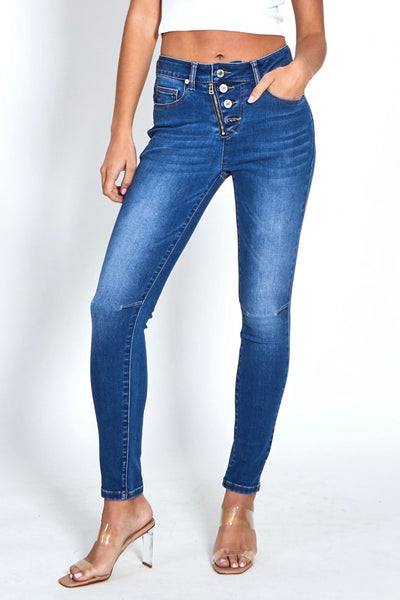 highrise skinny blue wash button jeans