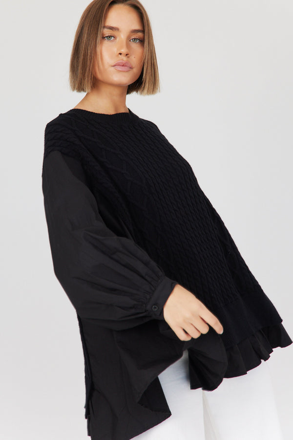 RUBI SHIRT TRIMMED KNIT- Black & Chocolate