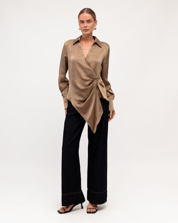 REGINA WRAP TOP- Mushroom & Black