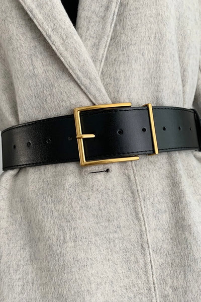 black wide belt with gold buckle
